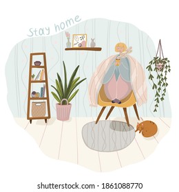 Quarantine or self-isolation. A girl sits at home, in a room, on an armchair, covered with a blanket, drinks coffee, the cat sleeps on the floor. Stay home banner template