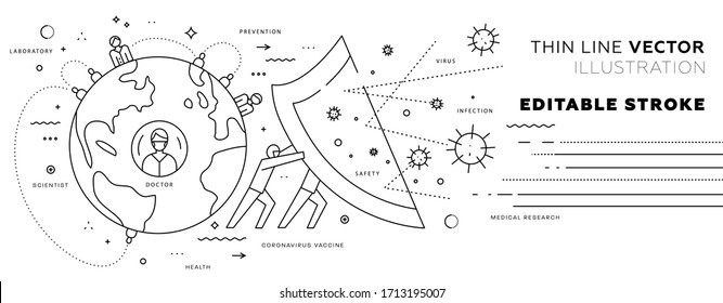 Quarantine self-isolation and online communication. Remote work and education. Contactless network meeting. Coronavirus cell fighting. Doctors protect the world from the virus. Editable vector