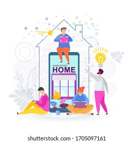 Quarantine, self-isolation in your own home. Outbreak of COVID-19 epidemic. World pandemic. Quarantine. Prevent spread of viral infection. People work and study at home. Flat vector illustration.