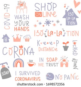 quarantine set, covid-19, keep calm and enjoy home, sticker set