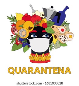 Quarantine, Sicily, Italy. Medicine mask. Fast food delivery. Woman in mask. Traditional sicilian Moor head. Coronavirus. Pandemia protect. Stay Home. Italian Quarantena