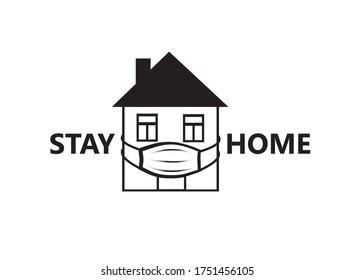 Quarantine sign. Crestative symbol with house, wearing medical mask and lettering "Stay home"