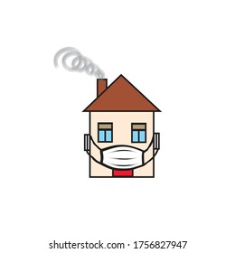 Quarantine sign. Crestative symbol with house, wearing medical mask and lettering "Stay home", "Stay safe". Virus epidemic safety design
