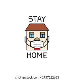 Quarantine sign. Crestative symbol with house, wearing medical mask and lettering "Stay home", "Stay safe". Virus epidemic safety design