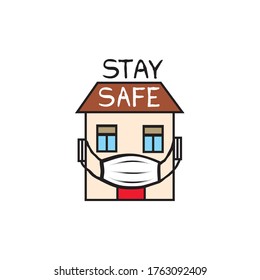 Quarantine sign. Crestative symbol with house, wearing medical mask and lettering "Stay home", "Stay safe". Virus epidemic safety design