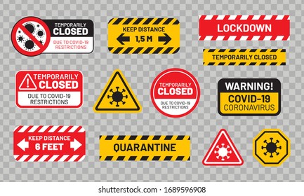 Quarantänezeichen für COVID-19 (Coronavirus). Aufkleber oder Aufkleber "Quarantine", "Temporär geschlossen", "Abgelehnt", "Entfernt aufbewahren" usw.