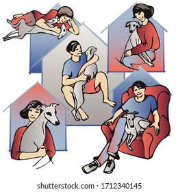 Quarantine. Sit at home. Person. Whippet. Dog. People relax with a pet dog. Vector drawing.

