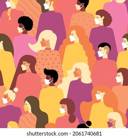  Quarantine social distance, infected group people pattern.Flu outbreak news vaccine.international womens day pattern.womens rights pattern. background for social media, banner, news,scientific articl