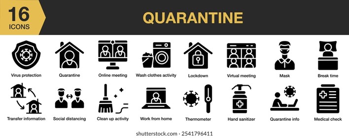 Conjunto de ícones sólidos de quarentena. Inclui tempo de pausa, desinfetante para as mãos, bloqueio, máscara, verificação médica, reunião on-line e muito mais. Coleção vetorial de ícones sólidos.