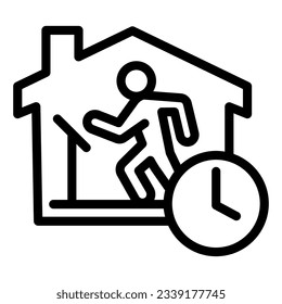 Quarantine sports at home line icon. Person jogging at treadmill with clock outline style pictogram on white background. Social isolation for mobile concept and web design. Vector graphics