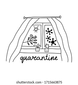 Quarantine spring 2020 concept. Window view with coronavirus bacteria, sun and tree branch. Cacti on sill. Isolated on white background. Vector stock illustration