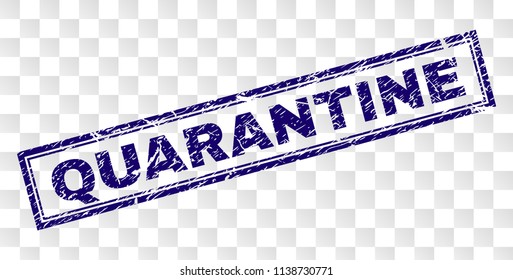 QUARANTINE stamp seal print with rubber print style and double framed rectangle shape. Stamp is placed on a transparent background. Blue vector rubber print of QUARANTINE caption with dust texture.