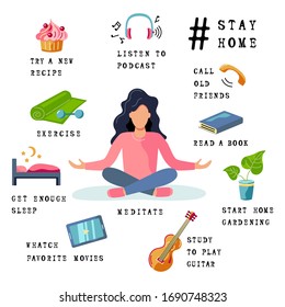 Quarantine, stay at home activites. Vector illustration. Flat style design. Stay at home, keep calm.