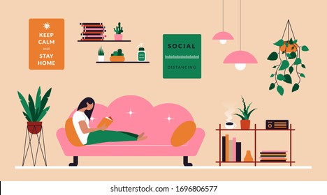 Quarantine stay home concept. Cozy apartment scandinavian interior girl reading book, abstract coronavirus self isolation design cartoon style. Vector isolated illustration