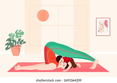 Quarantine, stay at home concept illustration - people sitting at their home, room or apartment, practicing yoga, enjoying meditation. Stay home on quarantine time during the Coronavirus epidemic.