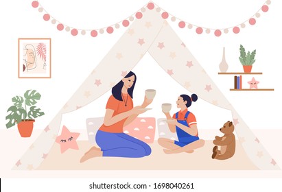 Quarantine, stay at home concept illustration - Happy loving family. Mother and daughter girl play in children room. Tea party. Stay home on quarantine time during the Coronavirus epidemic.