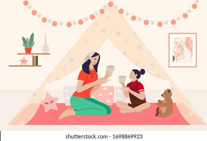 Quarantine, stay at home concept illustration - Happy loving family. Mother and daughter girl play in children room. Tea party. Stay home on quarantine time during the Coronavirus epidemic.