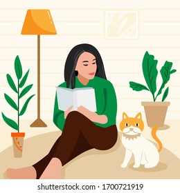 Quarantine, stay at home concept illustration. people sitting at their home, room or apartment. Girl and cat. Reading book, relaxing. 