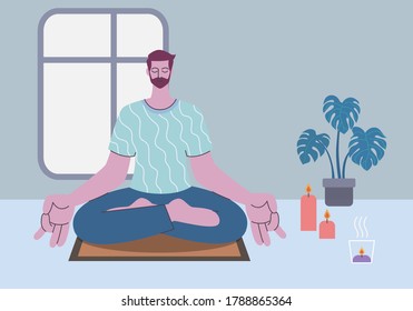 Quarantine, stay at home concept. Man meditating with yoga relax lotus position at home,With a scented aroma candle. Vector flat design illustrations isolated.