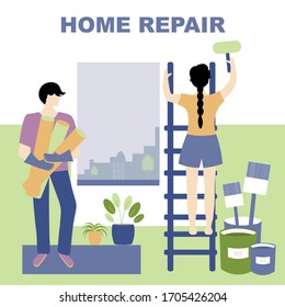 Quarantine, stay at home concept - people sitting at their home, Woman and man paint walls and wallpaper, make repairs in the house. 