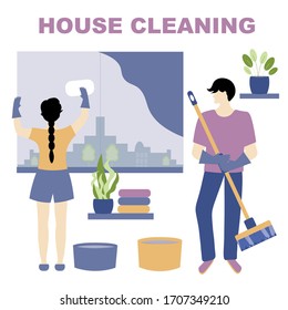 Quarantine, stay at home concept - people sitting at their home, Woman and man clean up their house