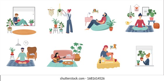 Quarantine, stay at home concept series - people sitting at their home, room or apartment, practicing yoga, enjoying meditation, relaxing on sofa, reading books, baking and listening to the music.  - Shutterstock ID 1681614526