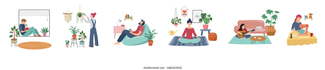 Quarantine, stay at home concept series - people sitting at their home, room or apartment, practicing yoga, enjoying meditation, relaxing on sofa, reading books, baking and listening to the music.  - Shutterstock ID 1681614532