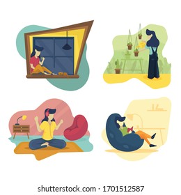 Quarantine, stay at home concept series woman sitting at their home, room or apartment, listen music, Watering the plants, relaxing on sofa read book use for illustration, information, and other