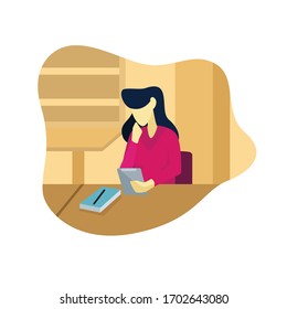Quarantine, stay at home concept series woman sitting at their home, room or apartment, read tablet an book use for illustration, information, and other