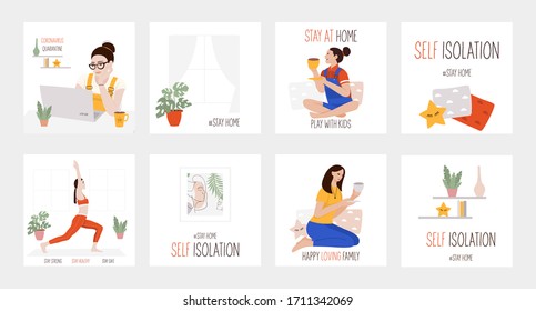 Quarantine, Stay At Home Concept Series - People Sitting At Their Home, Practicing Yoga, Play In Children Room, Work At Home. Vector Templates For Instagram Post, Card, Poster, Flyer And Other Users.