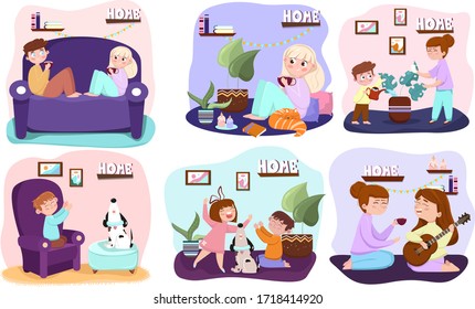 Quarantine, stay at home concept series of illustration people sitting at their home, room or apartment, drinking tea, enjoying singing, relaxing on sofa, gardening and listening to the music.  