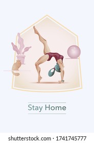 Quarantine, stay home concept series - Woman at home practicing yoga. Woman in yoga pose, stay at home.