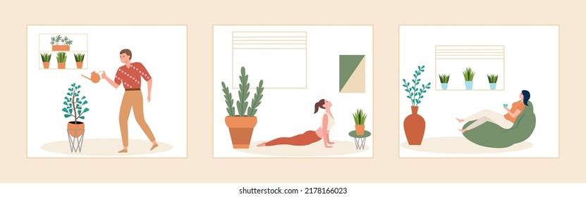 Conjunto de conceptos "Cuarentena, quédate en casa" - la gente se queda en casa. Un hombre riega una olla de flores, una chica hace yoga, una mujer se relaja en una silla. Vector plano.