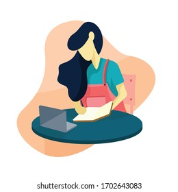 Quarantine, stay at home concept woman sitting at their home, room or apartment, writing on book with view laptop use for illustration, information, and other