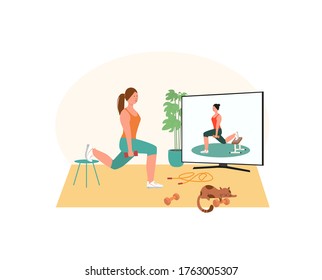 Quarantine, stay at home concept.  Women doing squat exercises and yoga with teacher, tutor, personal treiner on-line, learn how to do exercises, relax, during quarantine. Sport, leisure and hobby.