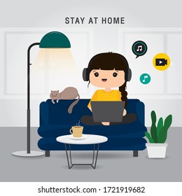 Quarantine, stay at home concept. Working from home, Woman using laptop for watching movie online and relaxing on sofa. Character Cartoon Vector illustration