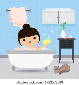 Quarantine, stay at home concept. Working from home, Woman take a shower in bathtub, Routine activity in the morning. Character Cartoon Vector illustration
