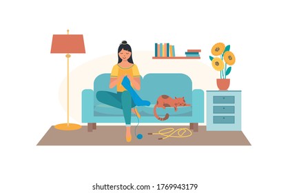 Quarantine, stay at home concept.Girl knit and sit on the sofa. Study, work at home during the isolation. Flat vector illustration.