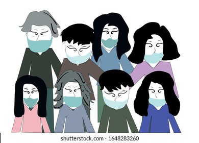 quarantine. stay home. COVID-19. masked  people flat illustration. patients with coronovirus, colds, flu, pneumonia, cough. Wuhan, China. pandemic. health protection. respirator. medical masks. doctor