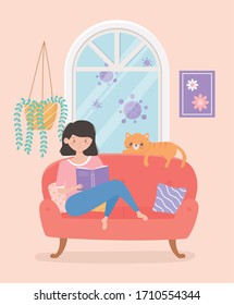 quarantine stay at home, girl reading book sitting on sofa with cat cartoon vector illustration