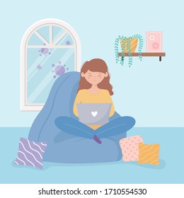 quarantine stay at home, girl using laptop on chair with cushions and plant in room vector illustration