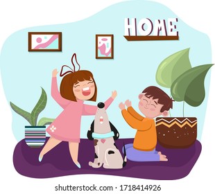 Quarantine, stay at home  illustration kids sitting at their home, room or apartment singing with dog