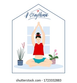 Quarantine, Stay at Home, Lockdown Concept. Girl Practicing Yoga Asana Sitting at Home with Potted Plants.