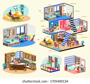 Quarantine, Stay Home Motivational Concept Series - People Sitting At Their Home, Do Yoga, Sunbathing, Relaxing On The Deck Chair, Reading Books, Baking With Kids, Play with Pets,Studying And Working.
