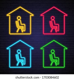 Quarantine, Stay Home Neon Symbol Light Glowing Vector Illustration. Stay Safe, Home and Person Set Icon Neon