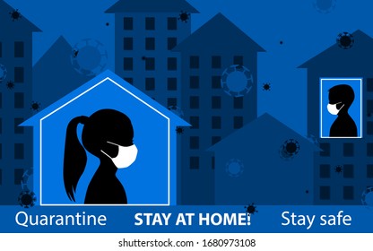 Quarantine. Stay at home. Stay safe. 
Coronavirus epidemic in the abstract city. Silhouettes of masked people at home. Self-isolation to stop the spread of the disease. Vector card, poster, banner.