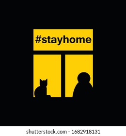 Quarantine stay home sign. Coronavirus lockdown concept. Stay home and keeping social distance. Woman and her cat are sitting at home in isolation fleeing the COVID-19 virus pandemic.