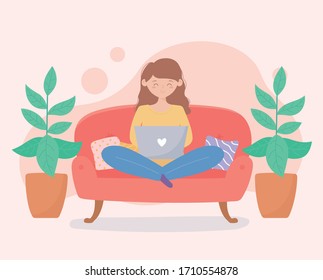quarantine stay at home, smiling woman with laptop on sofa with potted plants in room vector illustration