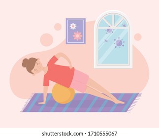 quarantine stay at home, woman training with fitball in room cartoon vector illustration