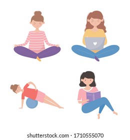 quarantine stay at home, women practicing yoga, read book and using laptop cartoon vector illustration